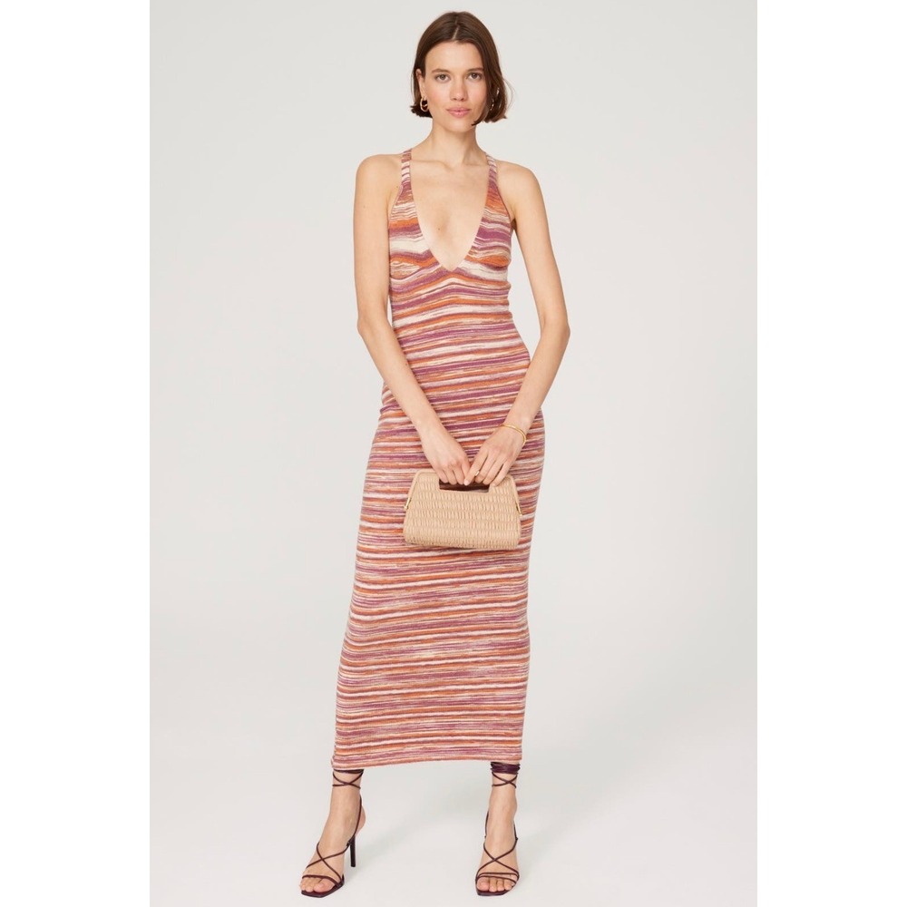 Ronny Kobo Daylann Knit Maxi Dress Deep V Cross Back Size L Bodycon Boho EUC